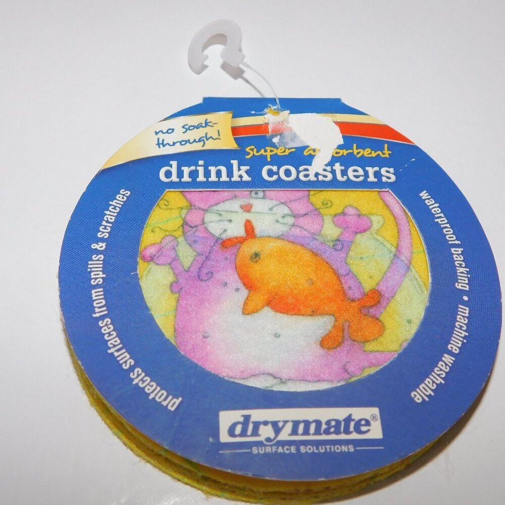 Cat Fish Bowl Super Absorbent Round Drink Coaster VTG 4 Drymate NEW Yellow